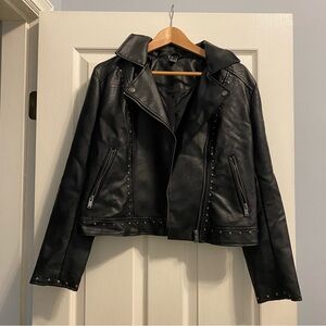 Streetwear Society Women’s Faux Leather Jacket with Studs & Floral Accents